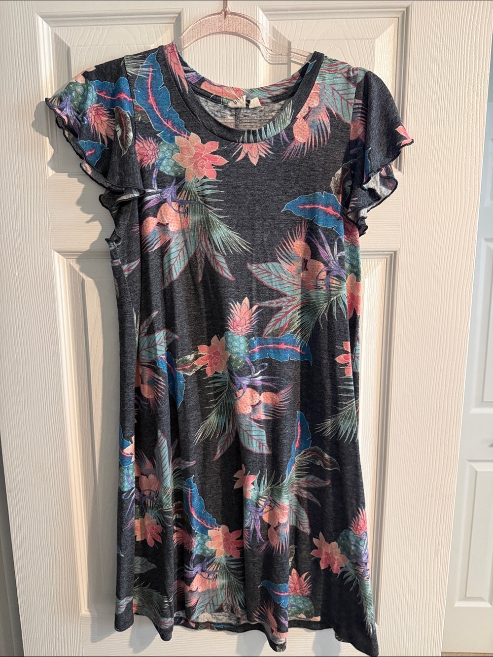 GAP Floral Asymmetrical Dress in Charcoal with Pink & Teal Accents